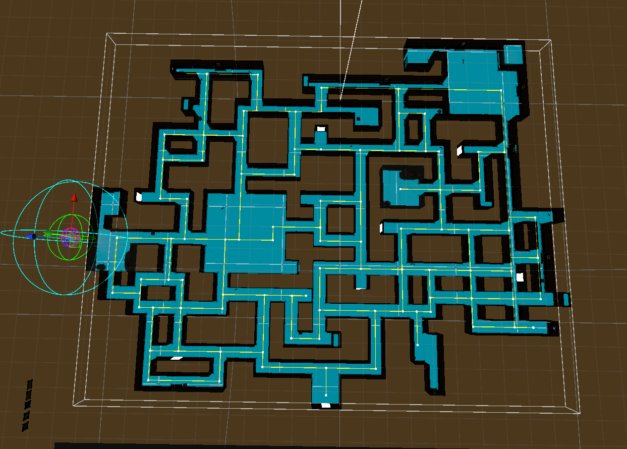 Top-down view of the built level with NavMesh and AI node graph